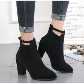 Solid Buckle Block Zipper Boots