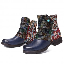 Retro Genuine Leather Splicing Fancy Pattern Zipper Flat Short Boots