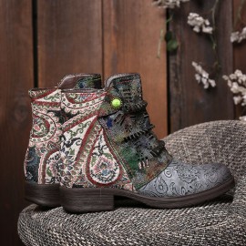 Retro Genuine Leather Splicing Fancy Pattern Zipper Flat Short Boots