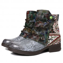 Retro Genuine Leather Splicing Fancy Pattern Zipper Flat Short Boots