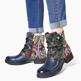 Retro Genuine Leather Splicing Fancy Pattern Zipper Flat Short Boots