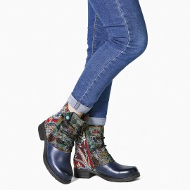 Retro Genuine Leather Splicing Fancy Pattern Zipper Flat Short Boots