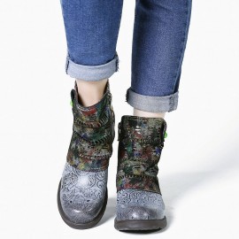 Retro Genuine Leather Splicing Fancy Pattern Zipper Flat Short Boots