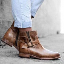 Women Buckle Decoration Zipper Cowbooy Western Short Boots