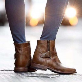 Women Buckle Decoration Zipper Cowbooy Western Short Boots