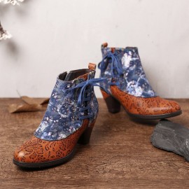 Retro Embossed Genuine Leather Splicing Folkways Flower Pattern High Heel Boots