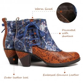 Retro Embossed Genuine Leather Splicing Folkways Flower Pattern High Heel Boots