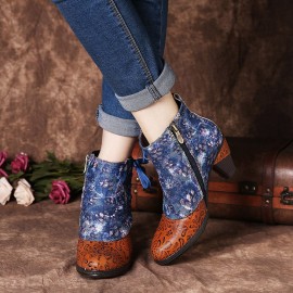 Retro Embossed Genuine Leather Splicing Folkways Flower Pattern High Heel Boots