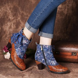 Retro Embossed Genuine Leather Splicing Folkways Flower Pattern High Heel Boots