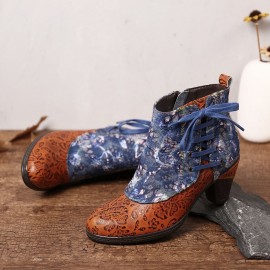 Retro Embossed Genuine Leather Splicing Folkways Flower Pattern High Heel Boots