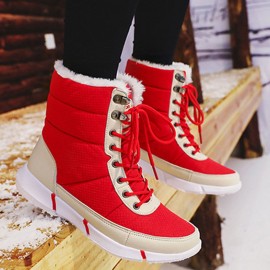 Women Large Size Color Match Splicing Waterproof Lace Up Mid Calf Snow Boots