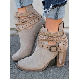 Women Comfortable Round Toe Braided Strap Back-Zip Buckle Casual Ankle Boots