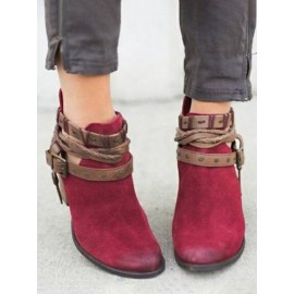 Women Comfortable Round Toe Braided Strap Back-Zip Buckle Casual Ankle Boots