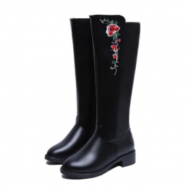 Embroidery Flower Knee High Black Boots