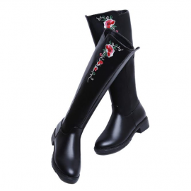 Embroidery Flower Knee High Black Boots