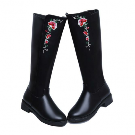 Embroidery Flower Knee High Black Boots