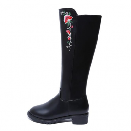 Embroidery Flower Knee High Black Boots