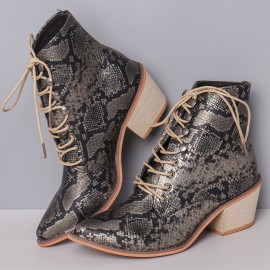 Plus Size Women Fashion Pointed Toe Serpentine Chunky Heel Strappy Boots