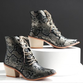 Plus Size Women Fashion Pointed Toe Serpentine Chunky Heel Strappy Boots