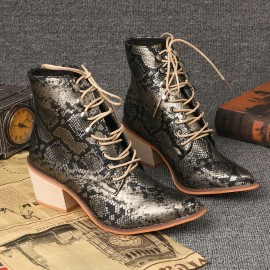 Plus Size Women Fashion Pointed Toe Serpentine Chunky Heel Strappy Boots