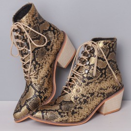 Plus Size Women Fashion Pointed Toe Serpentine Chunky Heel Strappy Boots