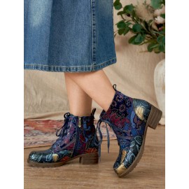 Socofy Vintage Embossed Leather Side Zipper Hard Wearing Short Boots