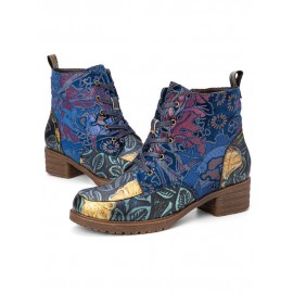 Socofy Vintage Embossed Leather Side Zipper Hard Wearing Short Boots