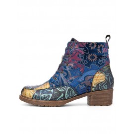 Socofy Vintage Embossed Leather Side Zipper Hard Wearing Short Boots