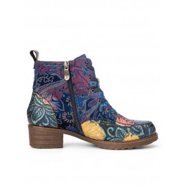 Socofy Vintage Embossed Leather Side Zipper Hard Wearing Short Boots