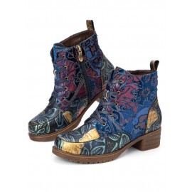 Socofy Vintage Embossed Leather Side Zipper Hard Wearing Short Boots