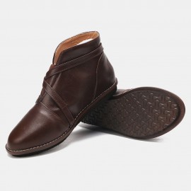 Large Size Women Comfy Leather Stitching Buckle Flat Ankle Boots