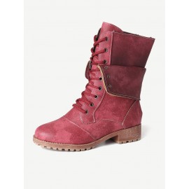 Plus Size Women Retro Pu Leather Lace Up Block Heel Short Boots