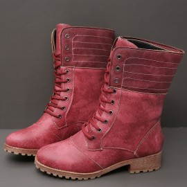 Plus Size Women Retro Pu Leather Lace Up Block Heel Short Boots