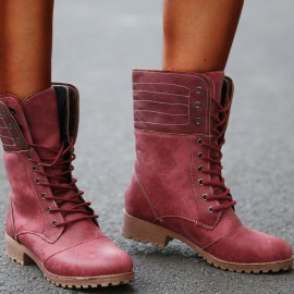 Plus Size Women Retro Pu Leather Lace Up Block Heel Short Boots