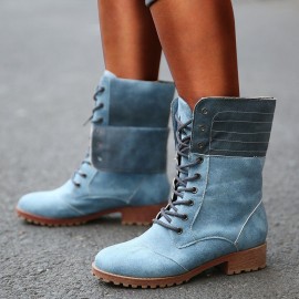 Plus Size Women Retro Pu Leather Lace Up Block Heel Short Boots