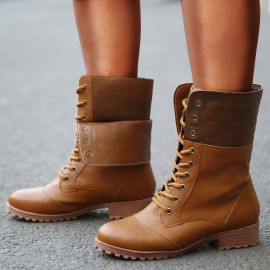 Plus Size Women Retro Pu Leather Lace Up Block Heel Short Boots