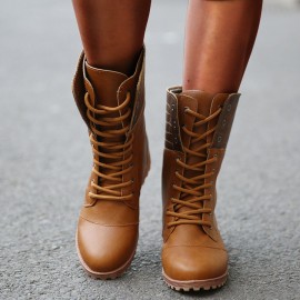 Plus Size Women Retro Pu Leather Lace Up Block Heel Short Boots