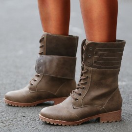 Plus Size Women Retro Pu Leather Lace Up Block Heel Short Boots