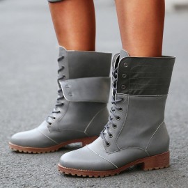 Plus Size Women Retro Pu Leather Lace Up Block Heel Short Boots