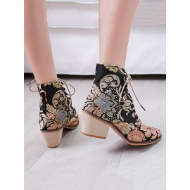 Large Size Women Summer Boots Pointed Toe Embroidered Lace Up Block Heel Short Boots