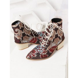 Large Size Women Summer Boots Pointed Toe Embroidered Lace Up Block Heel Short Boots