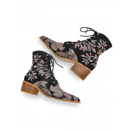 Large Size Women Summer Boots Pointed Toe Embroidered Lace Up Block Heel Short Boots