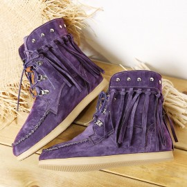 Large Size Women Comfortable Suede Metal Decoration Lace Up Tassel Flat Ankle Boots