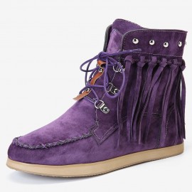 Large Size Women Comfortable Suede Metal Decoration Lace Up Tassel Flat Ankle Boots