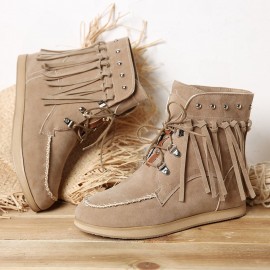 Large Size Women Comfortable Suede Metal Decoration Lace Up Tassel Flat Ankle Boots