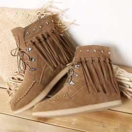Large Size Women Comfortable Suede Metal Decoration Lace Up Tassel Flat Ankle Boots