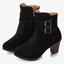 Plus Size Women Buckle High Heel Zipper Short Boots