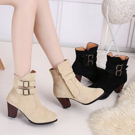 Plus Size Women Buckle High Heel Zipper Short Boots