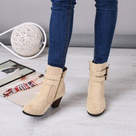 Plus Size Women Buckle High Heel Zipper Short Boots