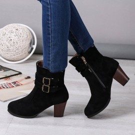 Plus Size Women Buckle High Heel Zipper Short Boots